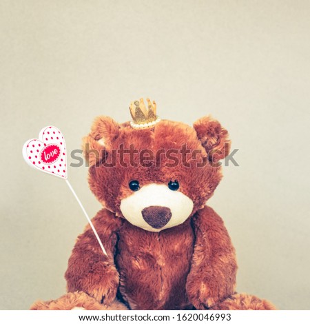Valentines Day gift box. Plush toy Teddy bear prince in the crown  holding heart. Gift for the little princess Vintage retro romantic style. Сreative greeting card. Family, wedding and friends