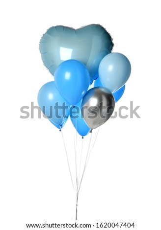 Bunch of metallic and latex blue heart and round balloons composition for birthday or valentines day party on white background