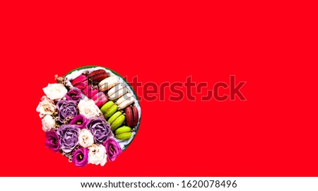 Festive concept from rosebuds in full bloom and Multicolored Macaroons on red background. Valentines Day. Template mock up of greeting card or text design. Close-up, copy space