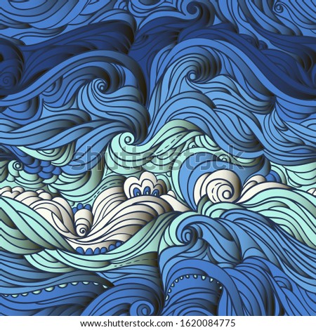 Seamless marine pattern. Abstract water background with curly hand-drawn lines. Blue waves and tides vector backdrop. Sea and ocean theme. Eps 10 Royalty-Free Stock Photo #1620084775
