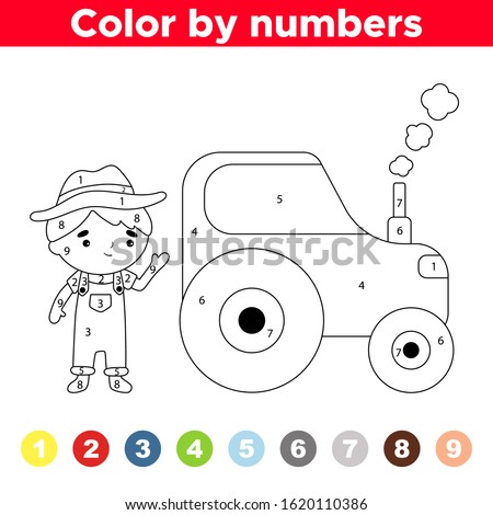 Educational game for preschool kids. Number coloring page. Kawaii cartoon farmer and tractor. Activity printable worksheet.