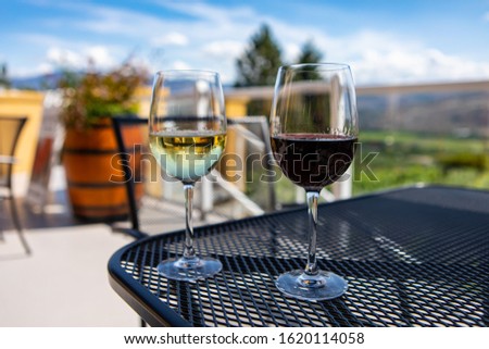 a couple of glasses of white and red wine on the table in selective focus. close up view against patio terrace with green vineyard landscape background