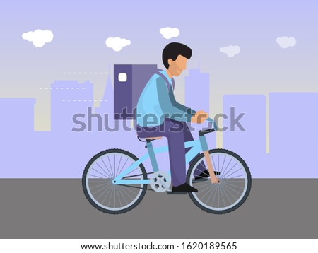 Delivery man on bicycle with bag on the back. Food service cycle courier vector illustration.