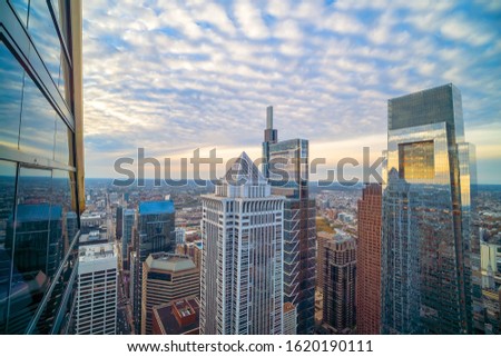 Top view of downtown skyline Philadelphia in Pennsylvania, USA at sunset