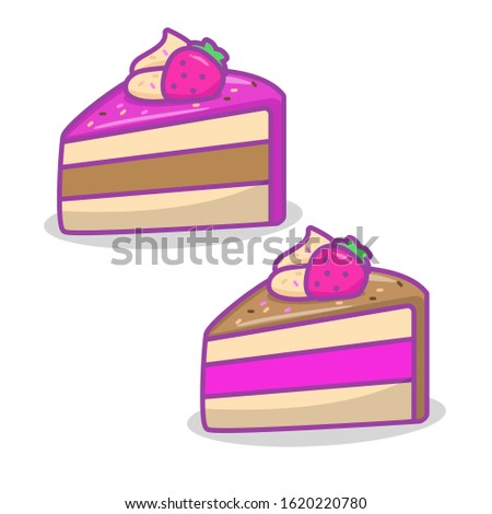 Two slice of cake with strawberry topping vector illustration isolated on white background. Cute cake clip art 