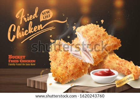 Yummy fired chicken ads with dip on wooden plate and bokeh background in 3d illustration Royalty-Free Stock Photo #1620243760