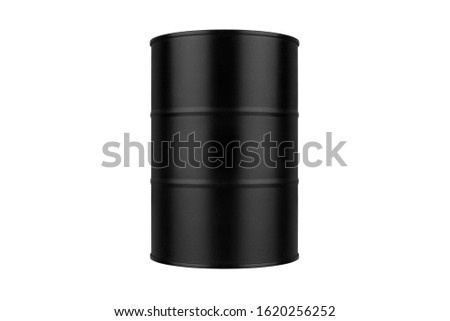 Black round metal barrel on white background isolated close up, oil drum, steel keg, tin canister, aluminium cask, petroleum storage packaging, fuel container, gasoline tank, oil production industry Royalty-Free Stock Photo #1620256252