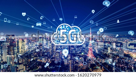 5G (5th generation) communication technology concept. Smart city. Telecommunication.