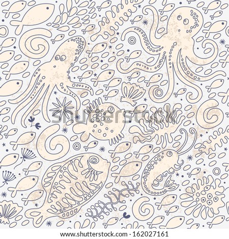 Cute seamless pattern with underwater live: octopus, starfish, shrimp, squid, fish. Vector tropical background.