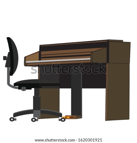 Electronic piano with a chair. The workplace of the musician.
Hand drawn vector illustration in flat style. Isolated on white.
