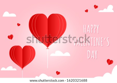 valentines day greetings card with balloons flying with clouds vector