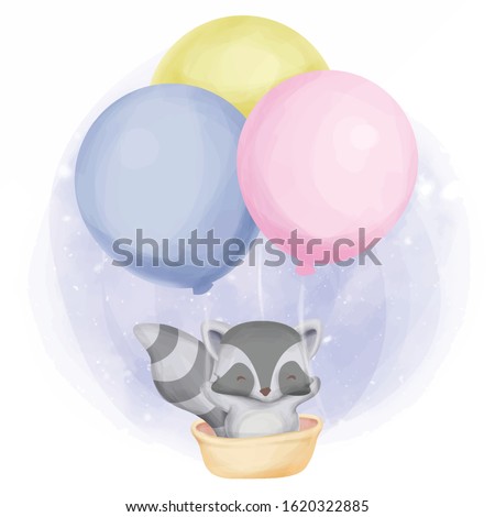 raccoon and balloons water color