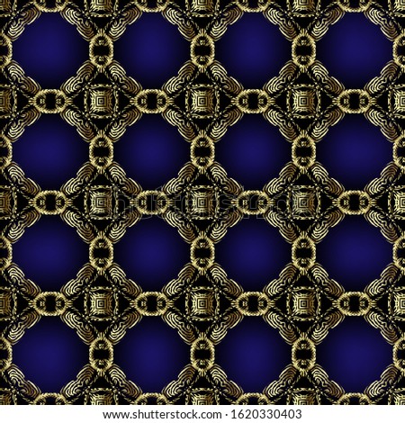 Textured gold 3d waffle seamless pattern. Vector ornamental tapestry background. Embroidery style luxury grid ornament. Repeat dark blue glowing backdrop. Ornate modern embroidered endless texture.