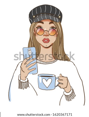 A sketch of a beautiful hipster girl in glasses with a phone and a cup. Modern fashionable woman talking on the phone and drinking coffee. Doodle vector illustration isolated on white background