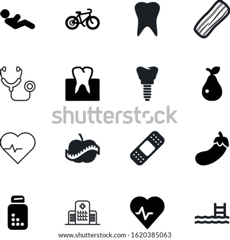 healthy vector icon set such as: tape, cardio, active, blue, measuring, smoked, diet, cafe, measure, stretcher, tasty, physical, body, bicycle, trainer, heal, crispy, cover, water, pill, medication
