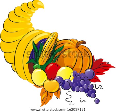 Horn of Plenty. Illustration of Cornucopia with fruit, grape  and vegetable.