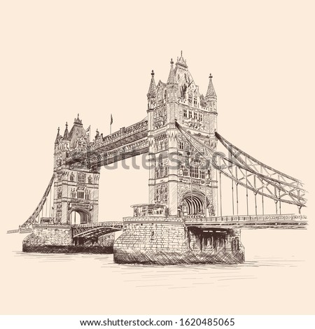 Tower Bridge in London across the River Thames. Pencil sketch on a beige background. Royalty-Free Stock Photo #1620485065