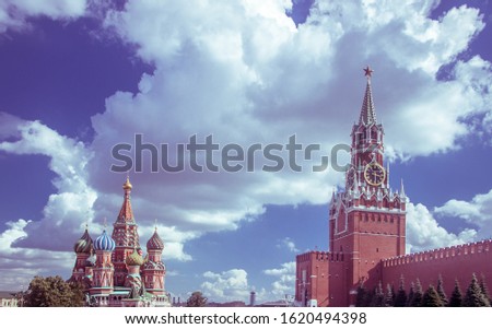 An aerial shot of the Saint Basil's Cathedral and Spasskaya tower of Red square, Moscow