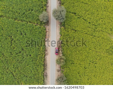 Aerial photo of a red car on a narrow road next to farms