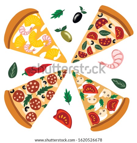 Vector illustration, delicious slices of pizza with pizza products, on a white background, great element for your design.