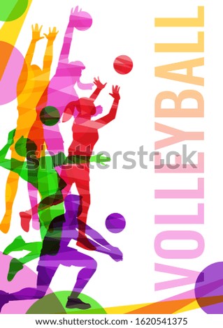 Volleyball competitions poster or banner template with players abstract colorful silhouettes, vector illustration isolated on white background. Sport game invitation.