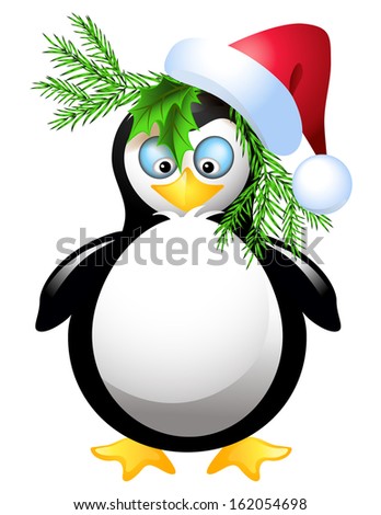 Amusing  penguin with Santa Claus hat and spruce