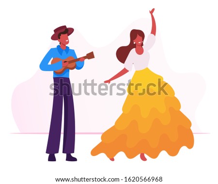 Young Man Playing Ukulele Guitar to Girl Dancing Traditional Dance at Rio Carnival. Full Height Musician Character Guitarist Virtuoso Music Player Performing on Fair. Cartoon Flat Vector Illustration