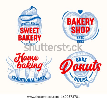 Sweet Bakery Labels Set Isolated on White Background. Home Donuts and Baking Production Elements, Stickers or Labels for Bake House Advertising, Promo or Package Design. Vector Illustration