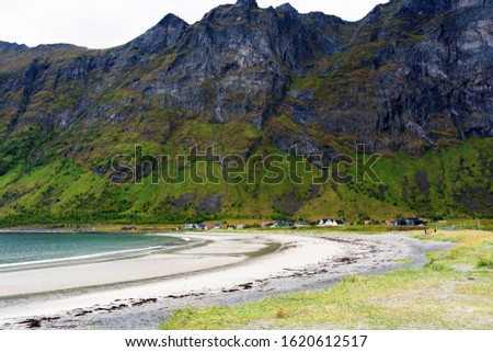 A typical Lofoten bay view. Scene on a lovely day with. Lofoten Islands are popular tourist destination for people from around the world and still gaining popularity. Norway Europe