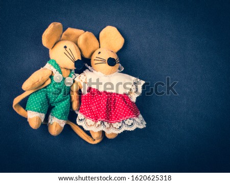 Two mouses textile toys mouses  in clothing. Happy Chinese New Year 2020. Year of the Rat. Chinese zodiac symbol of 2020