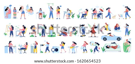 Daily routine of a woman set. Young woman activities. Sport, recreation and entertainment. Isolated vector illustration in flat style Royalty-Free Stock Photo #1620654523