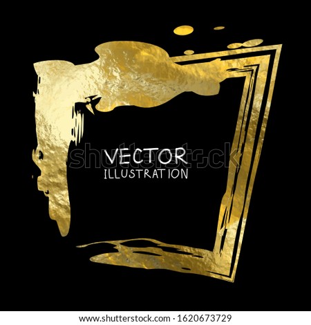 Square golden frame on a black background. Luxury vintage border, Label, logo design element. Hand drawn vector Illustration. Abstract gold brush