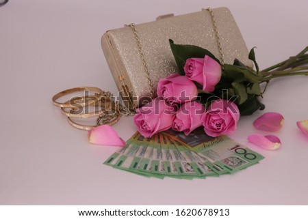 100 Australian dollars note, pink roses, bracelets and clutch mothers day gift natural flowers photography