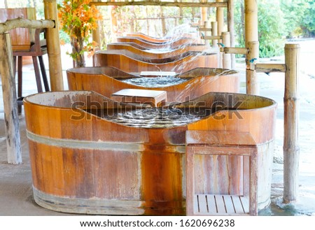 Wooden Bathtub with outdoor for natural hot spring , Spa HotTub, Onsen in Thailand.