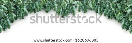 Christmas border and frame with green fir branches on white background. Holiday concept and creative banner
