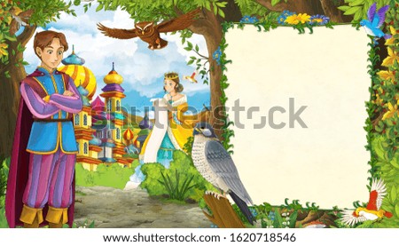 Cartoon nature scene with beautiful girl princess and castle with frame for text - illustration for the children