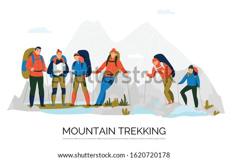 Hiking trekking tours flat composition with mountaineers in harness with climbing equipment mountain peaks on background vector illustration 