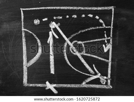 Basketball attack, offensive tactics drawn, isolated on black chalkboard background and texture with clipping path
