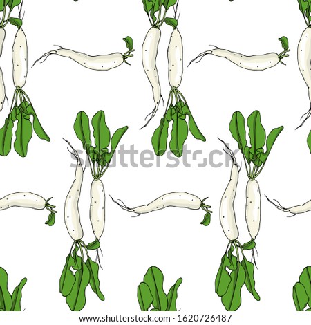 Vector seamless pattern with hand drawn raw White Icicle radish. Beautiful food design elements, ink drawing. Perfect for prints and patterns Royalty-Free Stock Photo #1620726487