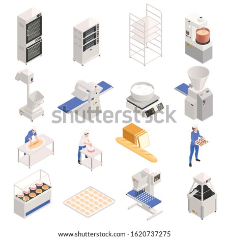 Bakery confectionery industrial equipment with personnel oven mixer dispenser cooking scales dough kneader bread tray vector illustration 