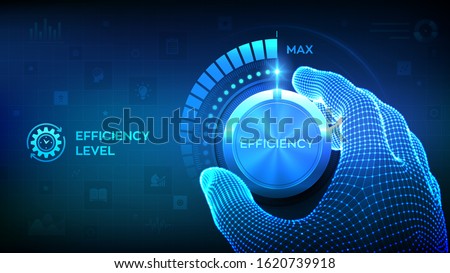 Efficiency levels knob button. Increasing Efficiency Level. Wireframe hand turning a efficiency test knob to the maximum position. Development and growth business concept. Vector illustration. Royalty-Free Stock Photo #1620739918