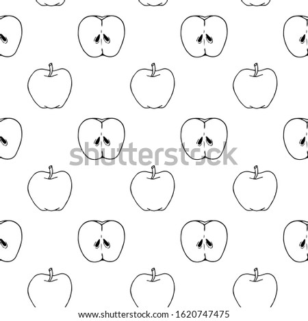 Apple Seamless Pattern Print Hand Drawn Doodle Vector Illustration Outline White Background