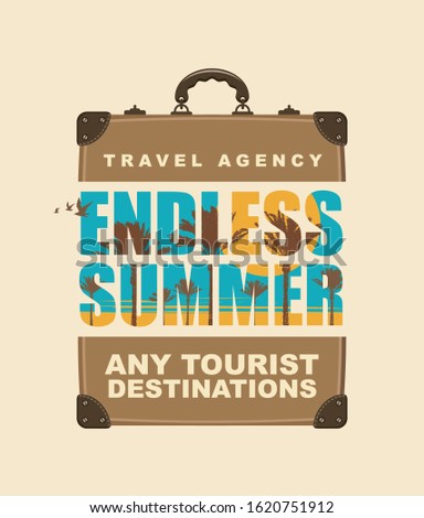 Vector banner with big travel suitcase, tropical landscape and inscriptions Endless summer, any tourist destinations. Suitable for poster, flyer, invitation, card, t-shirt design in retro style.