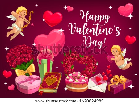 Happy Valentines day poster of cupids with golden bow arrows and hearts. Vector Valentine day I love You quote on cake, rose flowers and love message letter in envelope