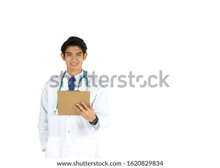 Asian young doctor with clipboard isolated on white background