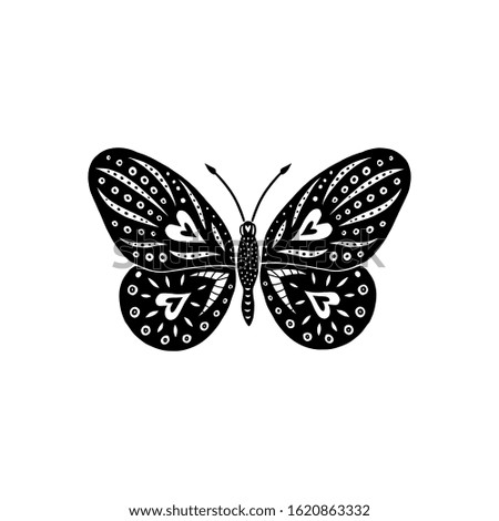 Decorative butterfly silhouette isolated on white background. Creative cut out, linocut vector illustration, clip art. 