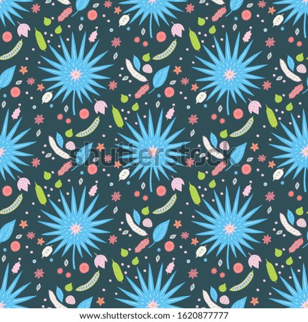 Tropical leaves nuts and seeds seamless pattern. Repeating Vector illustration in cute modern style with hand drawn design elements for fabric, wallpaper, decor.