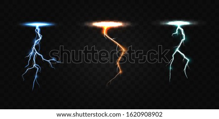 Colored lightning bolt vector set on transparent background. Electric discharges, thunderbolt glowing realistic light effects. Vector Illustration