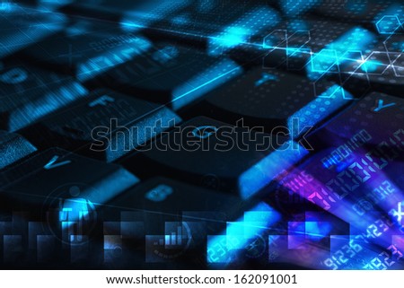 Computer keyboard with glowing codes, programming concept