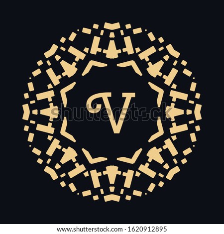 Golden letter V and round ornament, monogram frame border, line art icon. Vector floral geometric motif. Isolated design element for brochure, invitation or business card, logo, emblem. Gold and black